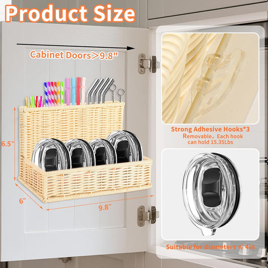 9.8" Poly Wicker Straw Holder for Cabinet Door with Strong Adhesive Hooks,Woven Straws Holder Dispenser for Tumbler Lid,Reusable Straws,Kitchen Accessories for Countertop (Nature)