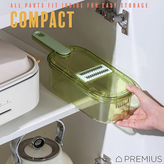6-In-1 Mandoline Slicer with Storage Bin & Handle By PREMIUS, Plastic Container Bin With Stainless Steel Blades, Includes: 6 Blades, Waffle Cut, Julienne, Slices, Safety Grip, Green-Clear, 1.5 Quarts