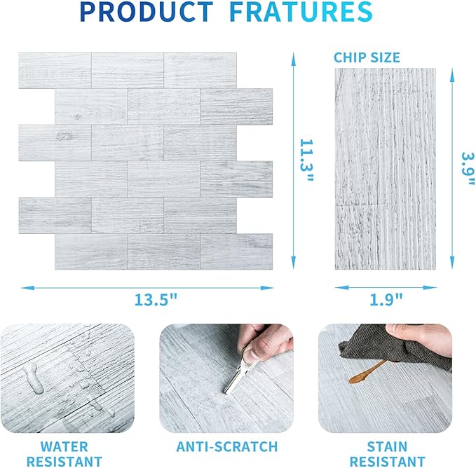 Art3d 10-Sheet Peel and Stick Backsplash PVC Wall Tile, Stickon Tile for Kitchen Backplash, Bathroom Vanities, Fireplace Decor, Laundry Table, Stair Decals in White-Washed, Plastic-Sheets