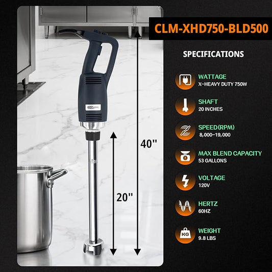 COOLUMA X-Heavy Huty 750W Commercial Immersion Blender, 20 Inch Removable Shaft, 8,000-19,000 RPM Variable Speed, 42 Gallons Hand Mixer, Secure Dual Button Start.