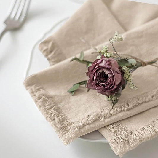 Handmade Cloth Napkins 100% Cotton Napkins with Fringe,Delicate Handmade Cloth Napkins for Dinners, Parties, Weddings and More,18 x 18 Inch Set of 6 - Beige