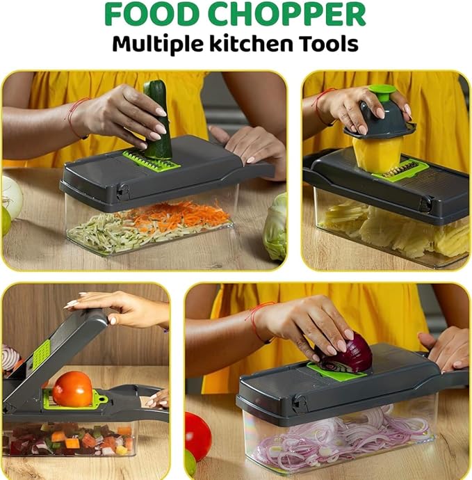 Vegetable Chopper Mandoline, Onion Chopper 16 in 1 Multifunctional Food Chopper with 9 Blades Slicer Dicer Cutter & Dicing Machine with Container in Grey and Green Colour