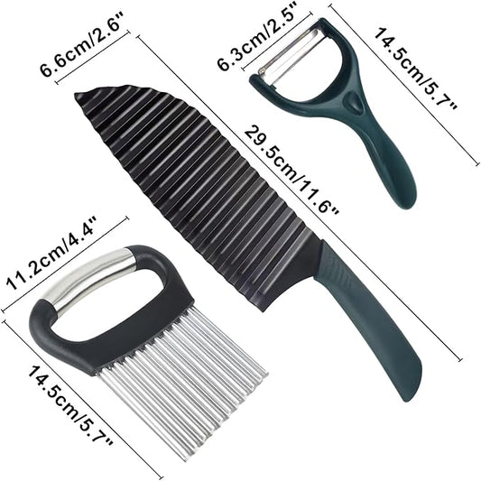 2PCS Crinkle Cutter Knife with Peeler, Crinkle Cutter for Veggies Wave Chopper Stainless Steel Crinkle Cut Fry Cutter with Handle for Veggies Fruit, Set of 3