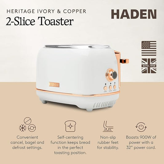 Haden Heritage 2-Slice Wide-Slot Toaster, Stainless-Steel Bread Toaster with Adjustable Browning Control, Crumb Tray & Non-Slip Feet, Ivory & Copper