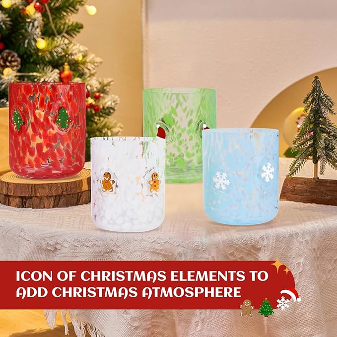 4 PCS 14 Ounce Christmas Icon Juice Glasses,Christmas Drinking Cups,Four Colors and Patterns,Strong and Durable Glasses Are The Great Gifts for Friends!