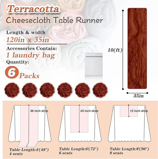 Terracotta Cheesecloth Table Runner 6 Pack 35" Boho Gauze 120 inches Long Rustic Sheer Cheesecloth Fabric Bulk for Fall Table Runner Baby Shower Wedding Bridal Birthday Decoration
