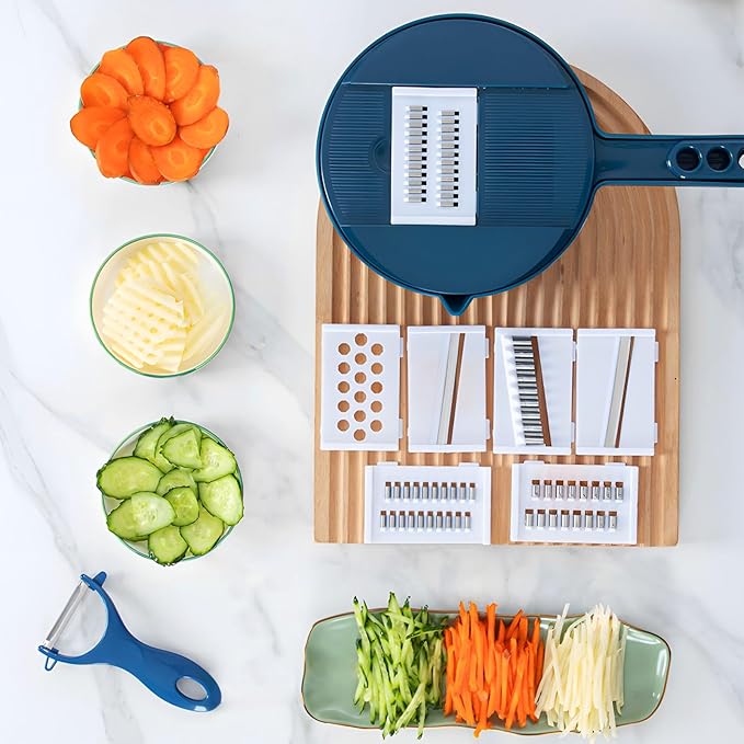 Mandoline Food Slicer, Multifunctional Vegetable Slicer Cutter with Hand Protector, Vegetable Shredder for Potato, Tomato, Carrot (Blue-7 in 1)