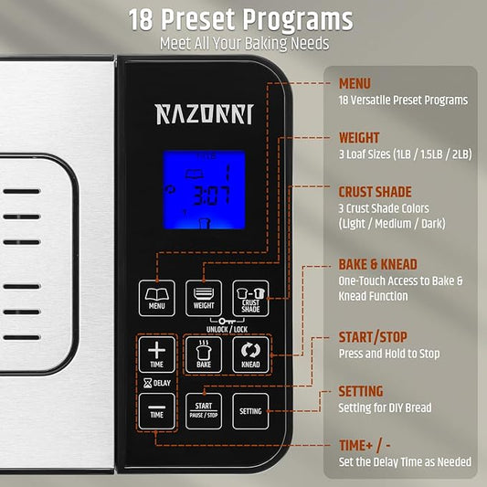 Razorri Bread Maker Machine, 2LB 18-in-1 Programmable Stainless Steel Homemade Bread Machine with Gluten-Free, Auto Nut Dispenser, 15H Delayed-start, 1H Keep Warm, 3 Crust Colors and 3 Loaf Sizes