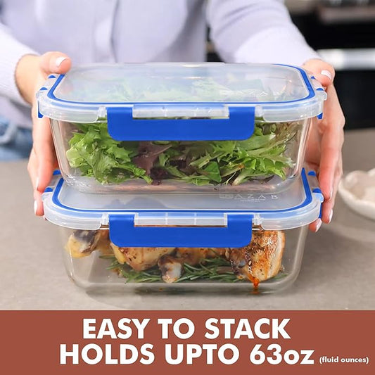 Razab 4 Pcs 1860ml / 63 Oz Large Glass Food Storage Containers with Lids - Glass Meal Prep Containers with Locking Lids for Roasting, Storing Leftover, Lunch Container, BPA Free, Microwave & Oven Safe