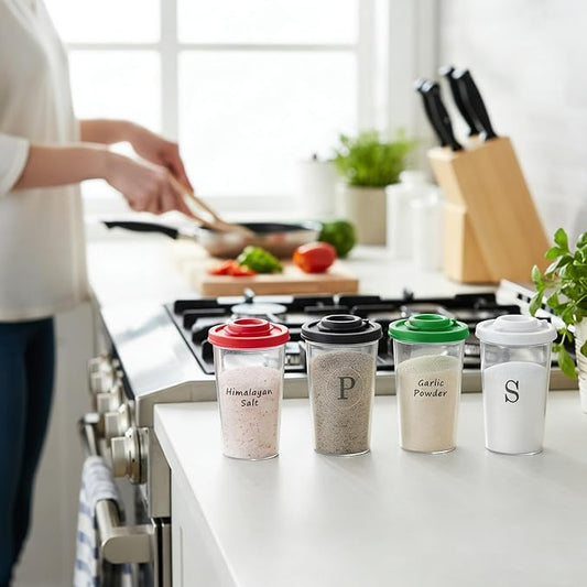 Plastic Salt and Pepper Shakers Set with 4 Color Lids & 20 Labels – Clear Spice Jars, Reusable, Refillable Seasoning Containers for Kitchen, Cooking, Baking – Easy Storage & Organization