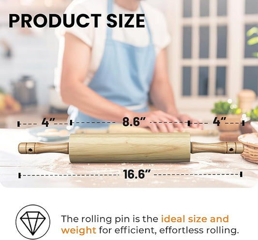 KARRYOUNG Rubber Wood Rolling Pin for Baking, Kitchen Dough Roller With Handles, Rodillo Para Masa, Rolling Pin for Dough, Pizza,Bread, Fondant & Tortilla