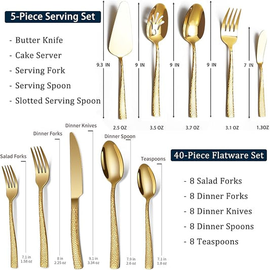 45-Piece Silverware Set with Serving Utensils Set, Gold Hammered Stainless Steel Flatware for 8, Food-Grade Tableware, Including Fork, Knife, Spoon Set, Home Kitchen Cutlery, Dishwasher Safe