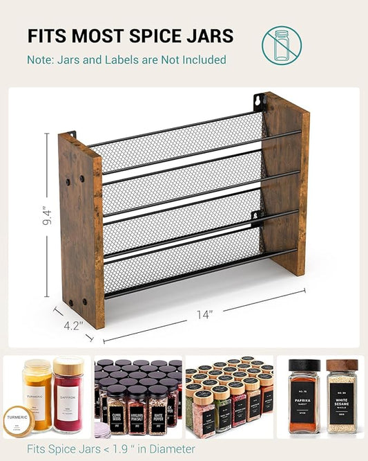 NESAPTO Spice Rack Organizer for Cabinet, Wooden 4 Tier Vertical Seasoning Organizers for Kitchen Pantry, Countertop/Wall Mount, Holds 28 Spice Jars (No Jars Included), 14" W × 9.4" H