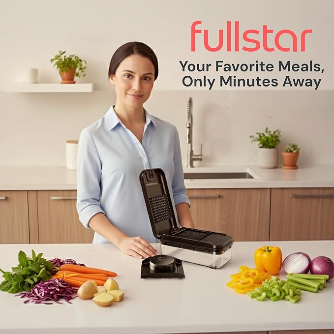 Fullstar Daily Vegetable Chopper and Mandoline Slicer - Kitchen Gadgets - Food Chopper with Container, Veggie Chopper, Fruit Cutter, Onion Dicer, Potato and Tomato Slicer for Salads (2-in-1, Black)