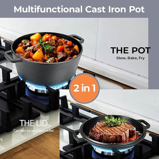 TLGREEN Cast Iron Dutch Oven Pot with Lid, Pot (5.1QT) and Lid as a Skillet(1.9QT) - Dutch Oven Cast Iron with Silicone Holders, Iron Stand, for Oven, Stove, Grill,Campfire