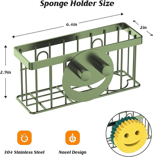 Sponge Holder Smiley Face, Sink Organizer with 2 Suction Cups/1 Adhesive Strips,Designed for Sponge,Soap,Dish Brush,Scrubber - Green