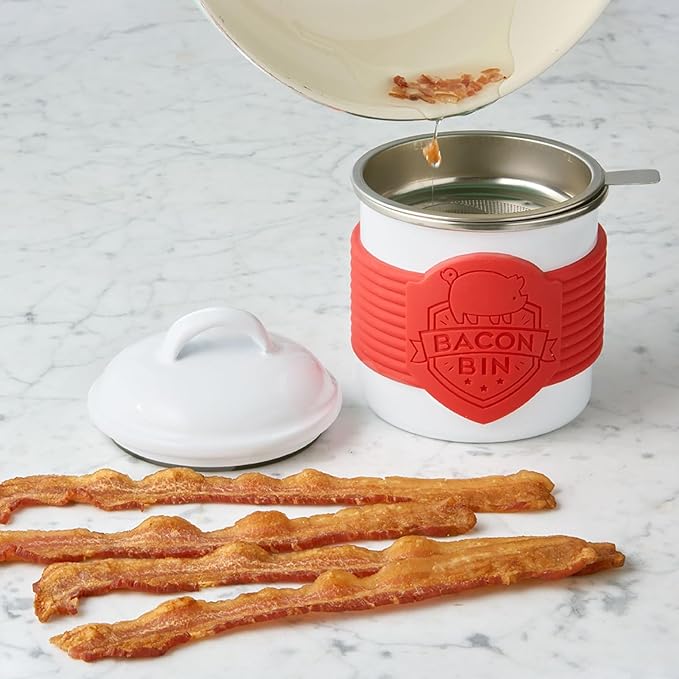 Talisman Designs Metal Bacon Bin Grease Strainer & Collector | Family Friendly Kitchen Tools | White