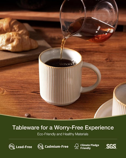 famiware Coffee Mug Set for 8, Star 12 oz Catering Mugs Cup Set with Handle for Coffee, Tea, Cocoa, Milk - Ceramic Stoneware Drinkware Set, Cappuccino White