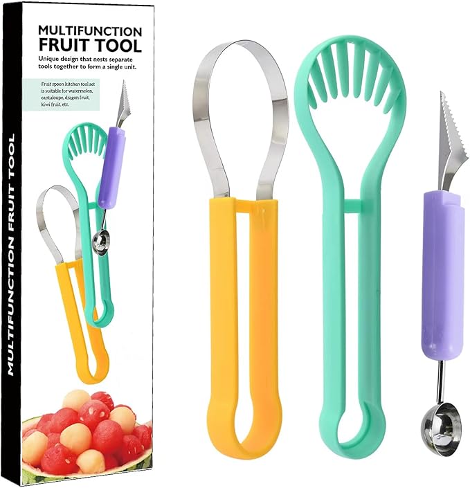 4-in-1 Stainless Steel Fruit Cutter Set, Cantaloupe & Watermelon Cutter, Melon Slicer with Removable Blades, for Watermelon, Kiwi, Dragon Fruit, Kitchen Gadget