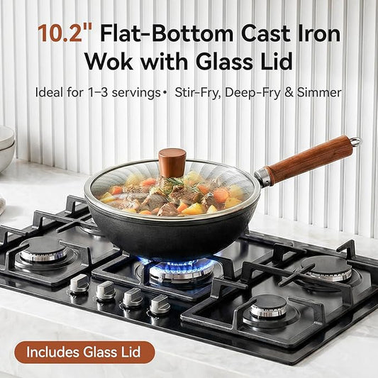 VIVIDCOOKWARE 10.2 Inch Cast Iron Wok with Glass Lid, Pre-Seasoned Flat Bottom Wok for Stir-Fry & Saute, Uncoated Iron Wok Pan for Electric, Gas & Induction Cooktops