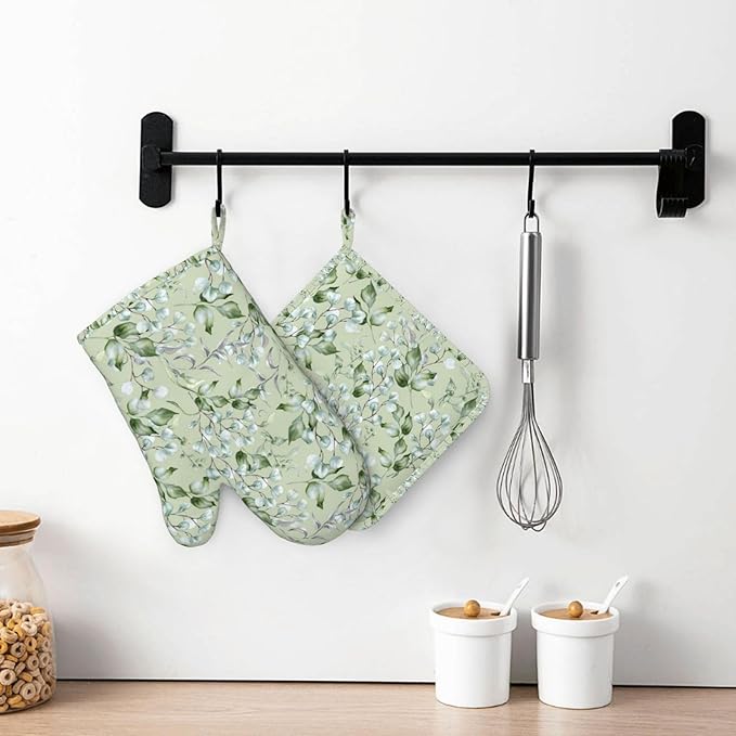 Sage Green Eucalyptus Silicone Oven Mitts and Pot Holders Sets Watercolor Branches Leaves Kitchen Mitts Potholder Kitchen Accessories for Cooking Baking BBQ