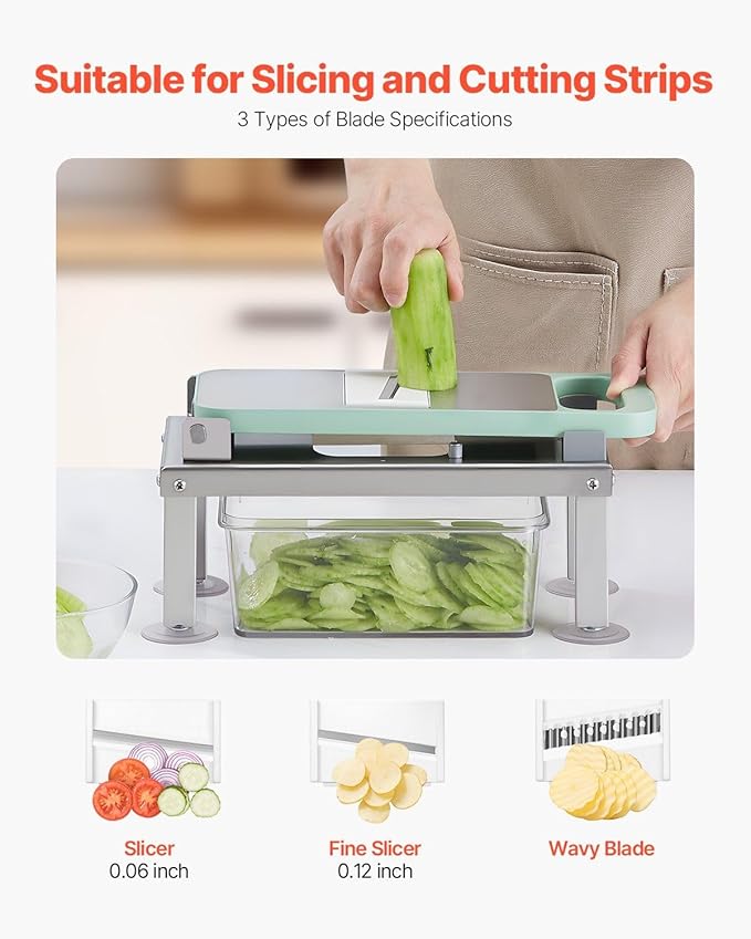 8-in-1 Mandoline Slicer & Vegetable Chopper, Includes 8 Stainless Blades for Cheese, Onion, Potato, Salad, Comes with 55.8 oz Container and Suction Cup Base