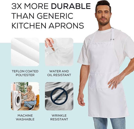 Will Well Kitchen Apron for Men and Women - 33" x 27" Oil-and-Water-Resistant with Adjustable Neck Strap and 38" Waist Ties for a Snug Fit, Lightweight with 2 Front Pockets - 6-Pack, Green