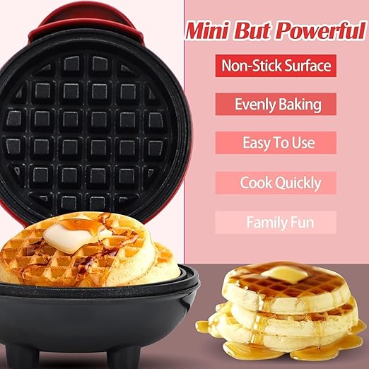 Holstein Housewares Personal/Mini Waffle Maker, Non-Stick Coating, Red- 4-inch Waffles in Minutes, Ideal for Breakfast, Brunch, Lunch or Snacks