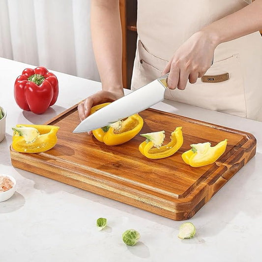 Large wood Cutting Board for Kitchen with Juice Handles , Chopping Board Cheese Charcuterie Board (Striped cutting board)
