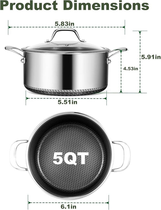 Bakoniion Hybrid Nonstick 5 QT Stockpot with Lid Two Handles, Stainless Steel Stockpot with Honeycomb Texture,Compatible with All Cooktops,Dishwasher and Oven Safe