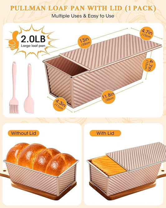 Pullman Loaf Pan with Lid: 2lb Dough Capacity Carbon Steel Nonstick Bread Pan for Oven Baking - for Homemade Sourdough and Sandwich Bread - Essential for Home Bakers Family Kitchen (1 Pack)