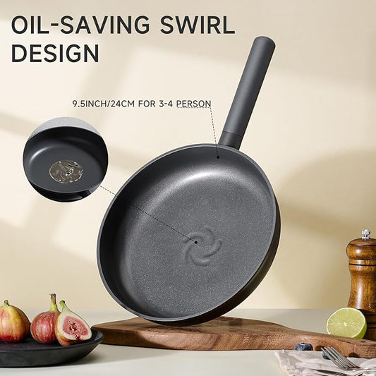 JEETEE 9.5 Inch Nonstick Frying Pan with Titanium Coating, Non-Toxic Omelette Egg Pan with Stay-Cool Handle, PFOA/PFOS Free, Induction Compatible, Skillet Dishwasher & Oven Safe - Grey