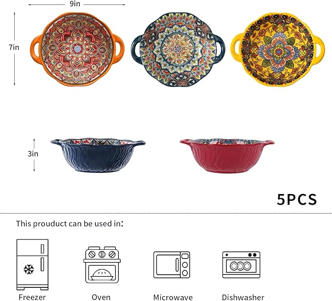 XKXKKE 5 Pack Boho Ceramic Serving Bowls with Handles, 40 Oz Porcelain Salad Bowls, Large Serving Dishes for Entertaining, Mixing Bowls for Soup, Stew, Pasta, Cereal, Colorful Embossed Cute Bowls Set