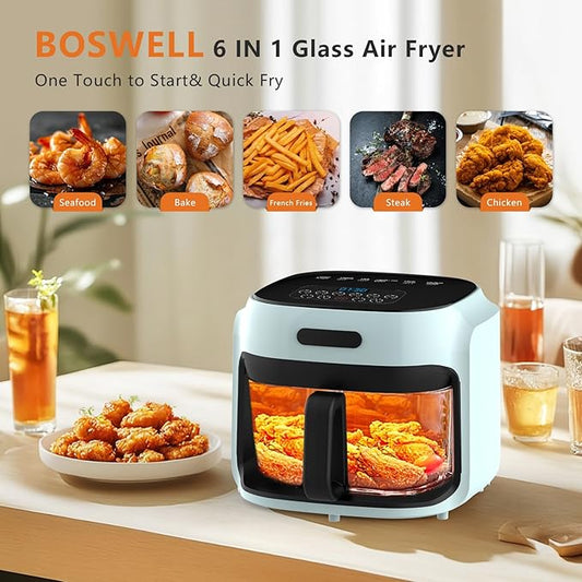 Glass Air Fryer, 7.8QT with Transparent Fry Bowl, Circulating Heating, Temperature Control, Air Fryer Roast, Dishwasher Safe (Green)