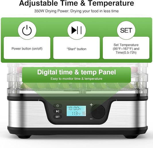 Food Dehydrator, Silver | 5 Stainless Steel and BPA-free trays, Adjustable Temperature, 72H Timer, Dehydrator for Meats, Jerky, Fruits, Veggies and Pet Treats
