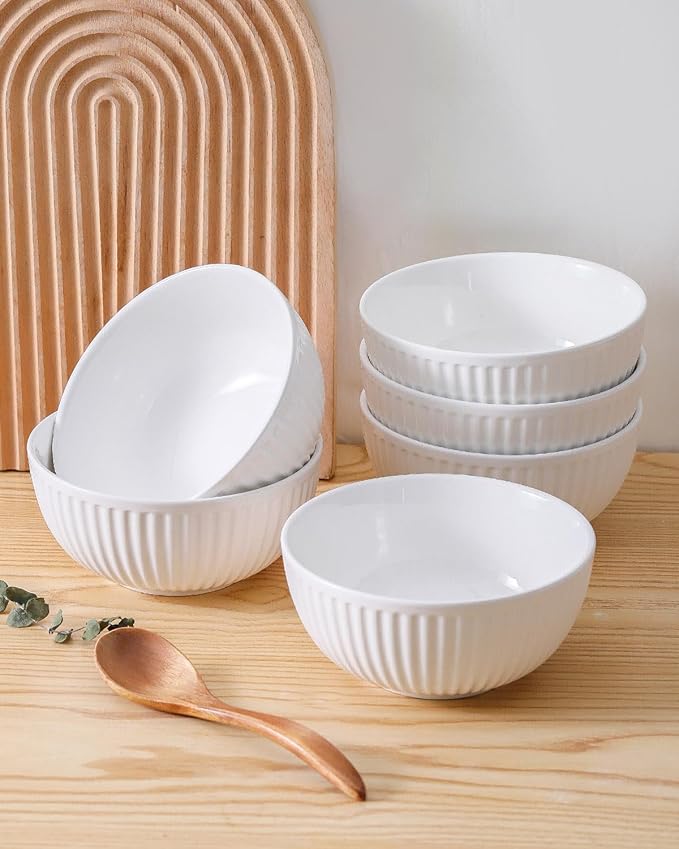 HASENSE Cereal Bowls Set Ceramic 24 Oz - 6 Inch Soup Bowl Set of 6 for Kitchen,Modern Ribbed White Porcelain Dishes for Entertaining,Soup,Oatmeal,Pasta,Cereal,Noodle - Dishwasher & Microwave Safe