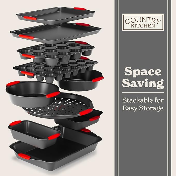 Country Kitchen Nonstick Stackable Bakeware Set - Heavy Duty, Durable, Easy Release Baking Set, Red, 10 Pcs