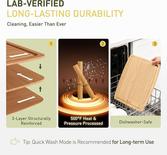 Lightweight Durable Bamboo Cutting Board with Non-Slip Feet, Reversible Wood Cutting Board with Juice Groove Easy to Store & Clean, Water-Resistant Ideal Kitchen Gift for Home Cooks