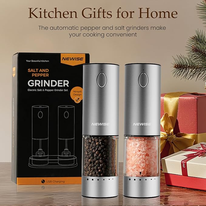 Electric Salt and Pepper Grinder Set - Valentines Day Kitchen Gifts for Him, Rechargeable with LED Lights, Stainless Steel Automatic Mill, Adjustable Coarseness, Large Capacity, Silver