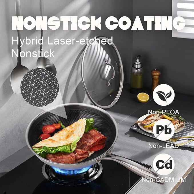RisenutX Hybrid Wok, 12 inch Wok with lid,Stainless Steel woks & Stir-fry pans Non Stick, PFOA Free Cookware, Dishwasher and Oven Safe, Compatible With Induction