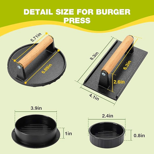 Fervidus 3PCS Smash Burger Press Kit, 6.8" Round & 8.3"x4.1" Rectangular Cast Iron Grill Press, 3 in 1 Stuffed Burger Mold, Non Stick Smash Burger Press Set for Grill and Griddle Cooking
