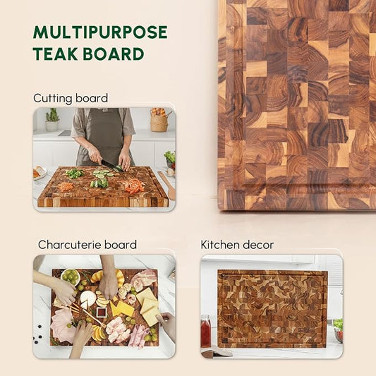 BEEFURNI Teak Wood End Grain Cutting Board (XL, 24x17x1.5"), Extra Large Wooden Cutting Boards for Kitchen, Serving & Charcuterie Boards, Premium Wood Cutting Board, Christmas Gifts, 1-Year Warranty