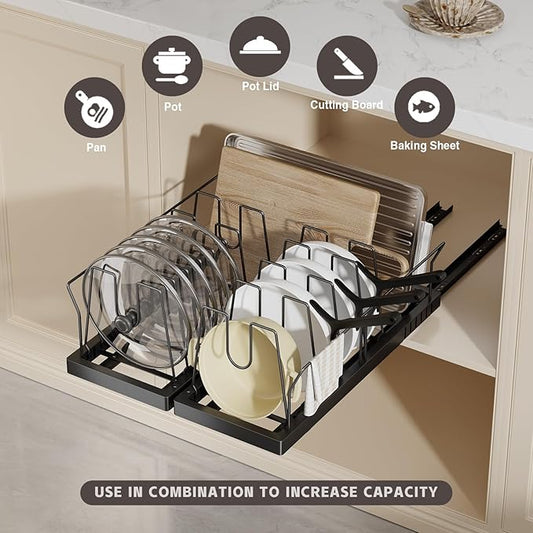 2 Pack Pots and Pans Organizer Under Cabinet, 22" Deep Expandable Pull Out Pot Lid Organizer and Storage with 10 Adjustable Dividers No Drill Pot and Pan Holder Rack with Handle Bracket(Black)