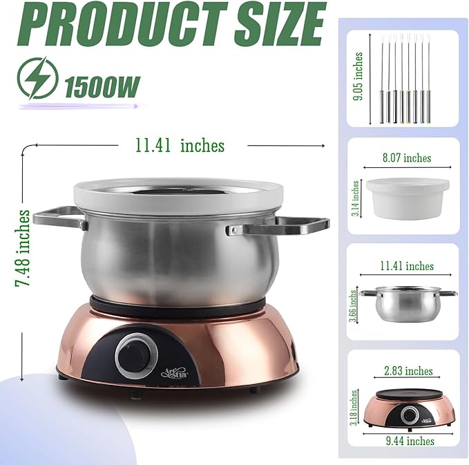 Artestia Electric Chocolate & Cheese Fondue Set with Two Pots (Stainless Steel and Ceramic), Serve 8 persons (C. Stainless Steel/Ceramic Pots, Rose-gold Base)