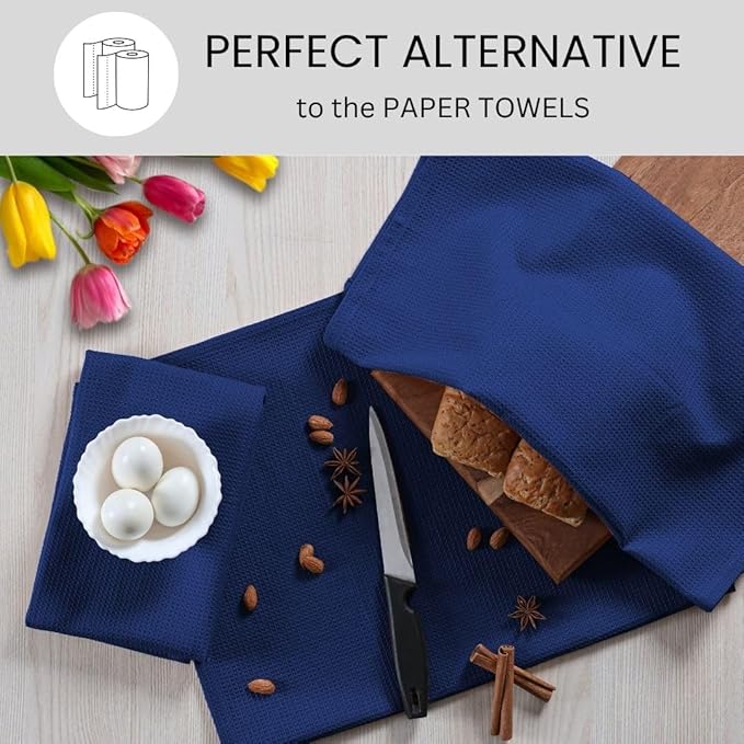 Waffle Kitchen Towels Large 16x26 inch 100% Cotton Set of 4 - Soft Absorbent Washable Tea Towel for Kitchen - Dish Cloths Quick Drying - 320 GSM Quality Dish Towel Blue