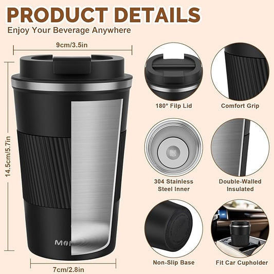 MOMSIV 12oz Travel Mug, Insulated Coffee Cup with Leakproof Lid, Vacuum Stainless Steel Double Walled Reusable Tumbler for Hot and Cold Water Coffee and Tea In Travel and Car (Black - 380ml)