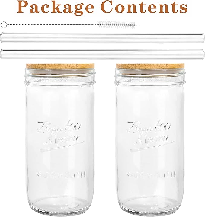ANOTION Mason Jar with Lid and Straw, 24oz Wide Mouth Cup Reusable Drinking Glasses Tumbler Smoothie Water Bottles for Iced Coffee Margaritas Ice Cream Juice Cocktail Travel Office Home, 2 Packs