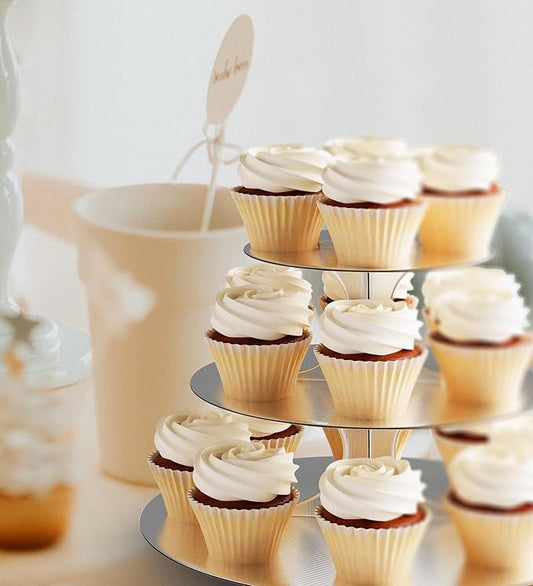 Cupcake Stand Tower, 2 Pack, Silver, 3 Tiered, Cup Cake Stand Cardboard Dessert Holder for Parties (Cardboard Silver 2 Pack)