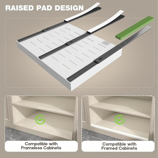 2 Pack Pull Out Cabinet Organizer 22" Deep,Full Extension 3 Slide Rails Slide Out Drawers With Raising Pad for Framed Cabinets,Expandable Width (15.4"-26.2"),No Drill Roll Out shelf,White