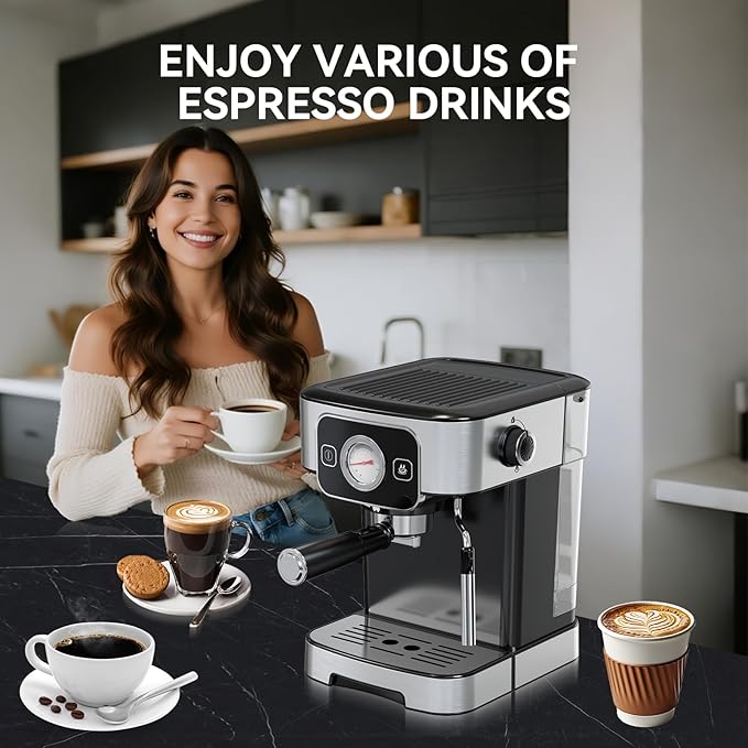 TINTALK Espresso Machine 20 Bar with Steam Milk Frother, Stainless Steel Coffee Machine with Removable Water Tank for Cappuccino,Latte, Compact Stainless Steel Coffee maker for home,Great Gift